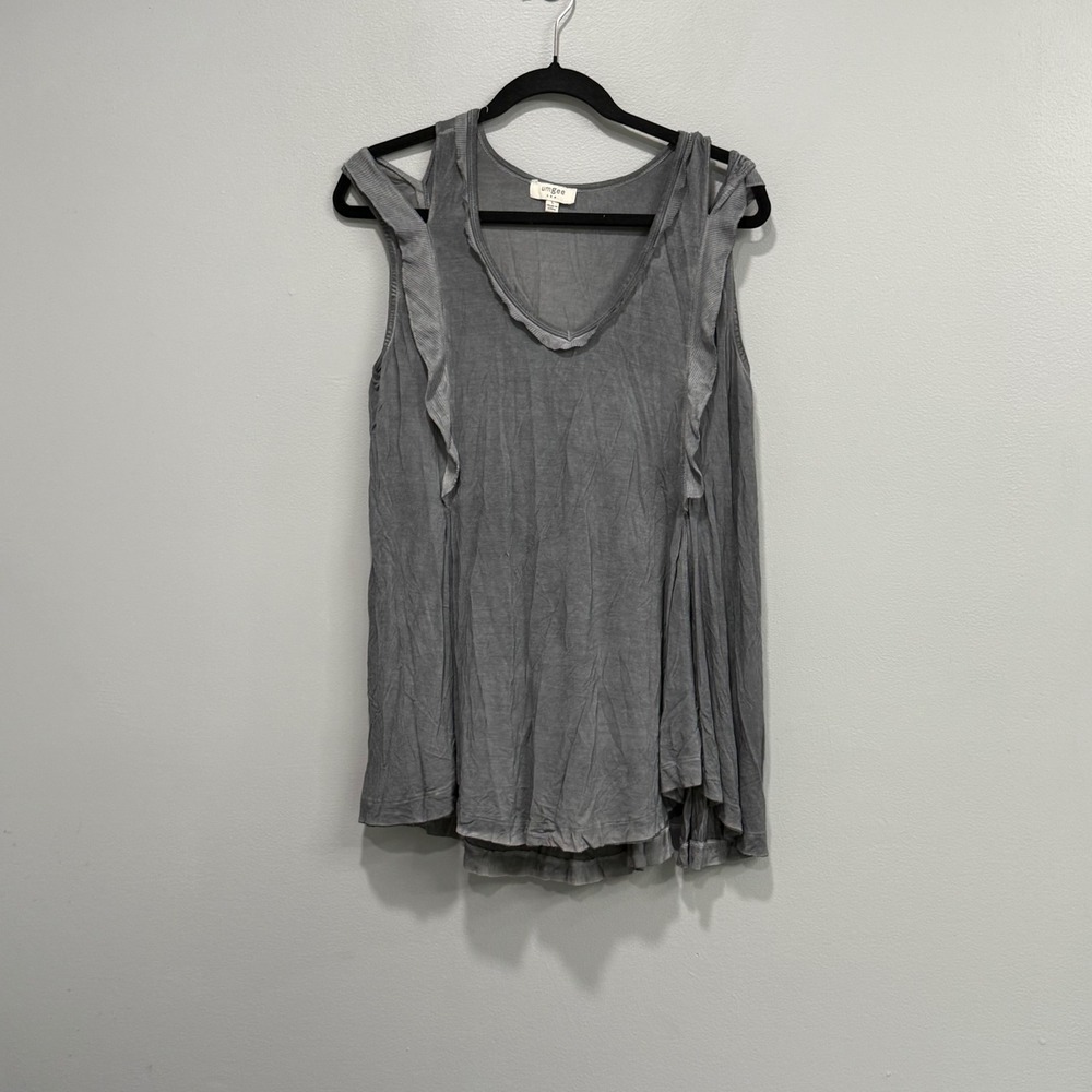Umgee USA Mineral Wash Grey Ruffle Cold Shoulder Tank Top Large A4033